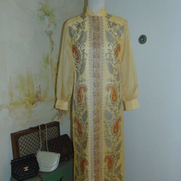 Vintage 60s 70s Alfred Shaheen Kaftan Long Sleeve Yellow Hawaiian Maxi Dress 10 - Picture 2 of 15